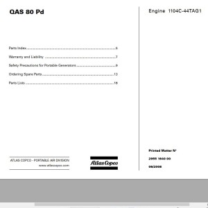 Atlas Copco QAS 80 Pd Engine 1104C-44TAG1 Spare Parts List 2955 1640 00