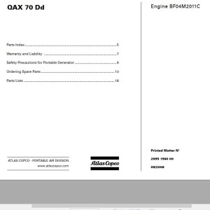 Atlas Copco QAX 70 Dd Engine BF04M2011C Spare Parts List 2955 1580 00