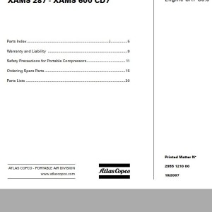 Atlas Copco XAMS 287 - XAMS 600 CD7 Engine CAT C6.6 Spare Parts List 2955 1210 00