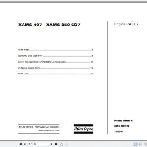 Atlas Copco XAMS 407 850 CD7 Parts List