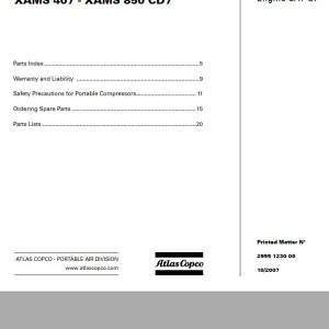Atlas Copco XAMS 407 - XAMS 850 CD7 Engine CAT C7 Spare Parts List 2955 1230 00