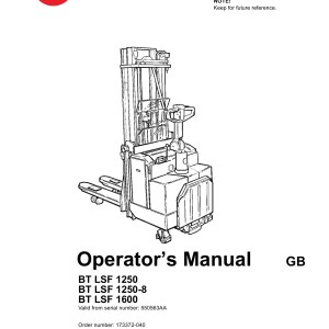 BT LSF1250 LSF1250-8 LSF1600 Operator's Manual 173372-040