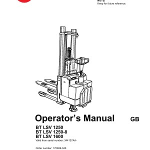 BT LSV1250 LSV1250-8 LSV1600 Operator's Manual 170826-040