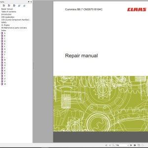 Claas Cummins Engine B6.7 CM2670 B164C Repair Manual 00 0306 525 0