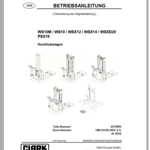 Clark WS10M WS10 WSX12 WSX14 WSXD20 PSX16 8269 - 83010 Operator Manual 4579809 OM-EU126