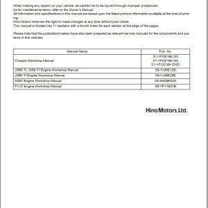 HINO Truck FC6J to GT8J Series Workshop Manuals