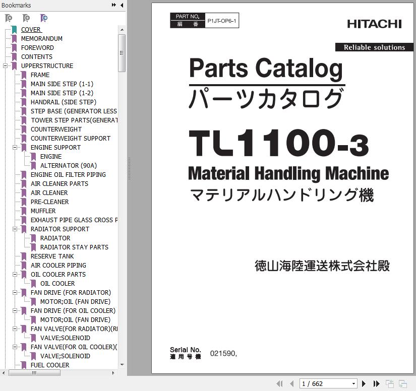Hitachi TL11003 Material Handling Machine Parts Catalog