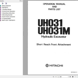 Hitachi UH031 UH031M Short Reach Front Attachment Operator's Manual & Parts List EMP7259-SR-1