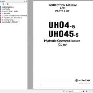 Hitachi UH04-5 UH045-5 Hydraulic Clamshell Bucket (0.3m3) Instruction Manual & Parts List MP1559-AD1-1