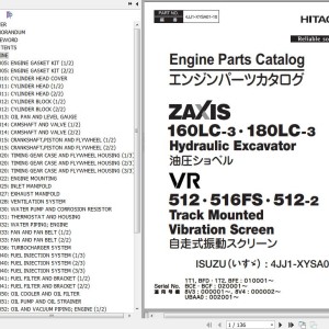 Hitachi ZX160LC-3 ZX180LC-3 VR512 VR516FS VR512-2 ISUZU 4JJ1-XYSA01 Engine Parts Catalog