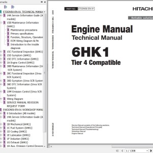 Hitachi Isuzu 6HK1-X Tier 4 Compatible Technical & Workshop Manual ETDDN50-EN-01 & EWDDN50-EN-01