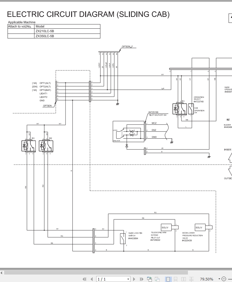 Hitachi ZX210LC-5B ZX350LC-5B Sliding Cab Electric Circuit Diagram