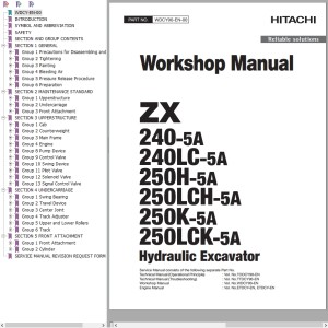 Hitachi ZX240-5A ZX240LC-5A ZX250H-5A ZX250LCH-5A ZX250K-5A ZX250LCK-5A Workshop Manual WDCY90-EN-00