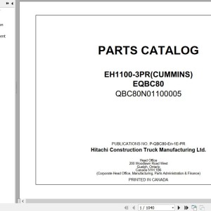 Hitachi EH1100-3PR Cummins EQBC80 Parts Catalog P-QBC80-En-1E-PR