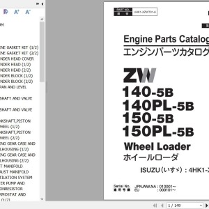 Hitachi ZW140-5B to ZW150PL-5B Isuzu 4HK1-XZWT01 Engine Parts Catalog