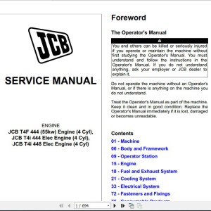 JCB Engines Ecomax 4 Cylinder MAR-1, Tier 4 Interim, T4F 55kw(SL,SM,SH,DH,DM) Service Manual