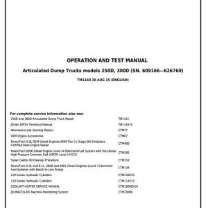 John Deere 250D 300D Truck Articulated Dump Diagnostic Operation Test Manual TM1160