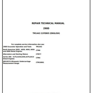 John Deere 290D Excavator Repair Technical Manual TM1443