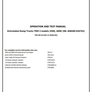 John Deere 350D 400D Truck Articulated Dump Operation Test Manual TM1198