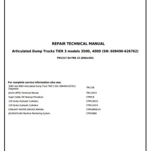 John Deere 350D 400D Truck Articulated Dump Repair Technical Manual TM1317