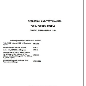 John Deere 790D 790DLC 892DLC Excavator Diagnostic Operation Test Manual TM1395