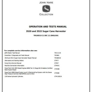 John Deere 3520 3522 Sugar Cane Harvester Diagnostic Operation Test Manual TM100519
