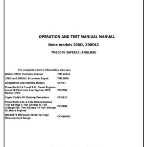 John Deere 200D 200DLC Excavator Diagnostic Operation Test Manual TM10076