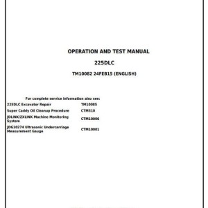 John Deere 225DLC Excavator Diagnostic Operation Test Manual TM10082