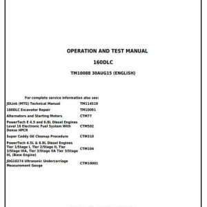 John Deere 160DLC Excavator Diagnostic Operation Test Manual TM10088