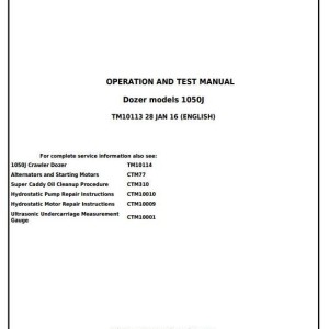 John Deere 1050J Crawler Dozer Diagnostic Operation Test Manual TM10113