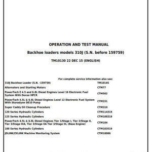 John Deere 310J Backhoe Loader Diagnostic Operation Test Manual TM10130