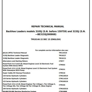 John Deere 310SJ 315SJ Backhoe Loader Repair Technical Manual TM10146