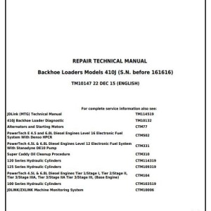 John Deere 410J Backhoe Loader Repair Technical Manual TM10147