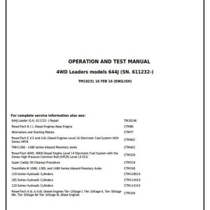 John Deere 644J 4WD Loader Diagnostic Operation Test Manual TM10231