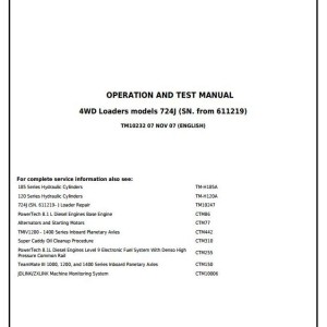 John Deere 724J 4WD Loader Diagnostic Operation Test Manual TM10232