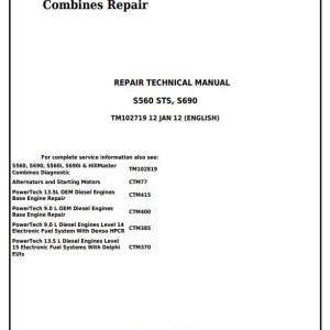 John Deere S560STS S690STS S690 HILLMASTER STS Combine Repair Technical Manual TM102719