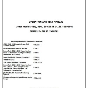 John Deere 450J 550J 650J Crawler Dozer Diagnostic Operation Test Manual TM10292