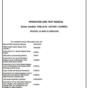 John Deere 750J Crawler Dozer Diagnostic Operation Test Manual TM10293