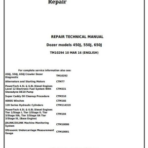 John Deere 450J 550J 650J Crawler Dozer Repair Technical Manual TM10294