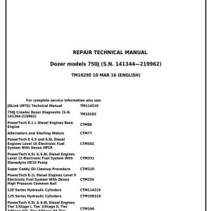 John Deere 750J Crawler Dozer Repair Technical Manual TM10295