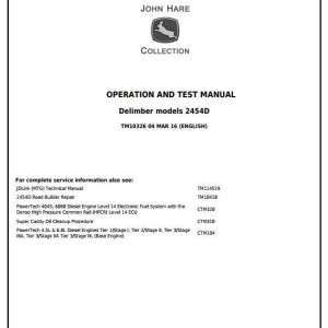 John Deere 2454D Road Builder Delimber Diagnostic Operation Test Manual TM10326