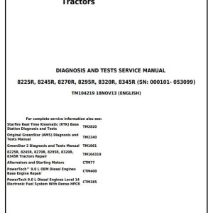 John Deere 8225R 8245R 8270R 8295R 8320R 8345R Tractor Diagnosis Test Service Manual TM104219