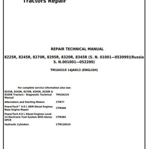 John Deere 8225R 8245R 8270R 8295R 8320R 8345R Tractor Repair Technical Manual TM104319