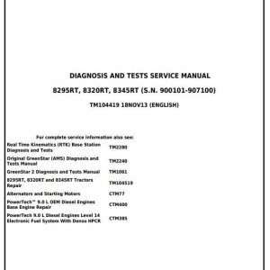 John Deere 8295RT 8320RT 8345RT Worldwide Tractor Diagnosis Test Service Manual TM104419