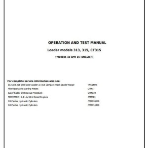 John Deere Skid Steer Compact Track Loader 313 315 CT315 Operation Test Manual TM10605