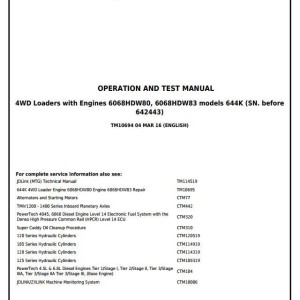 John Deere 644K Loader Diagnostic Operation Test Manual TM10694