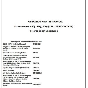 John Deere 450J 550J 650J Crawler Dozer Operation Test Manual TM10721