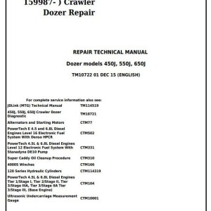 John Deere 450J 550J 650J Crawler Dozer Repair Technical Manual TM10722