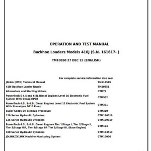 John Deere 410J Backhoe Loader Diagnostic Operation Test Manual TM10850
