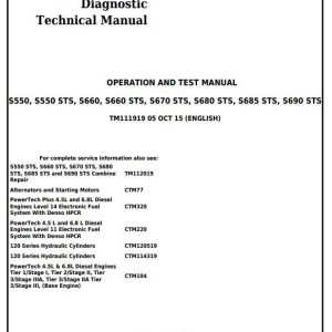 John Deere S550 S660 S670 S680 S685 S690 STS Combine Operation Test Manual TM111919